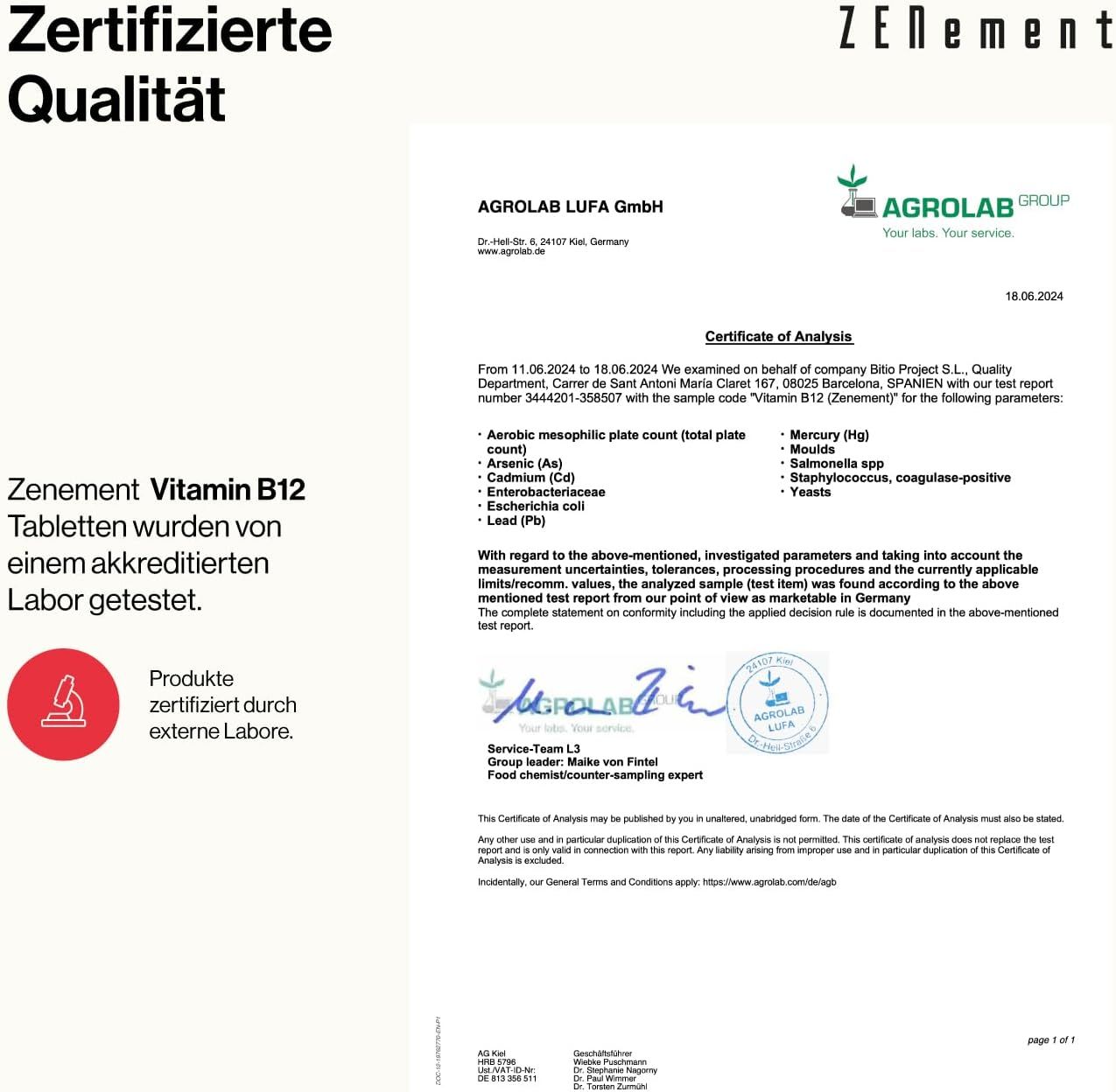 Documento di certificazione di AGROLAB LUFA GmbH. Testo: Le compresse di vitamina B12 Zenement sono state testate da un laboratorio accreditato.