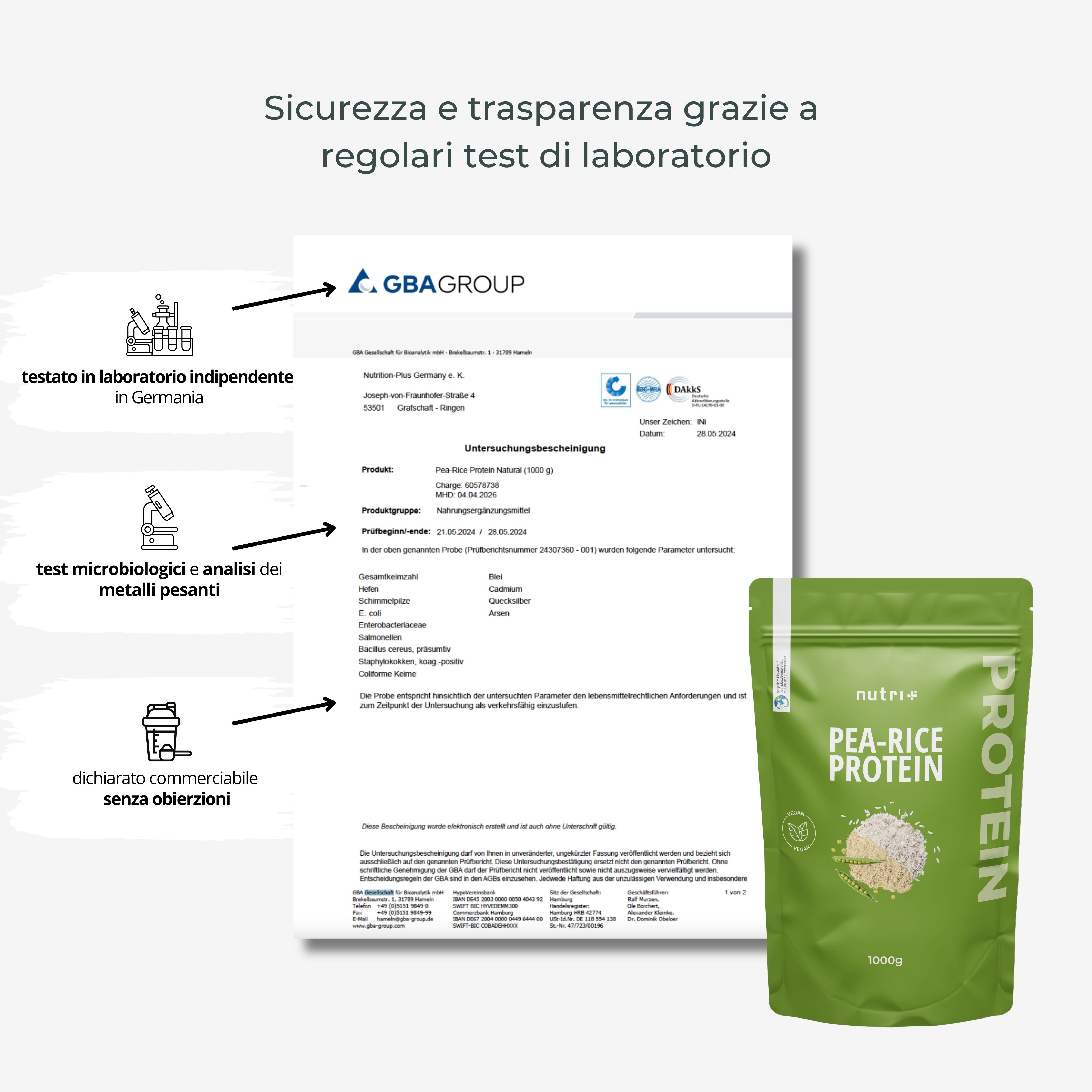Rapporto di laboratorio e confezione "nutri+" PEA-RICE PROTEIN. Rapporto di prova GBA Group. Certificazione.