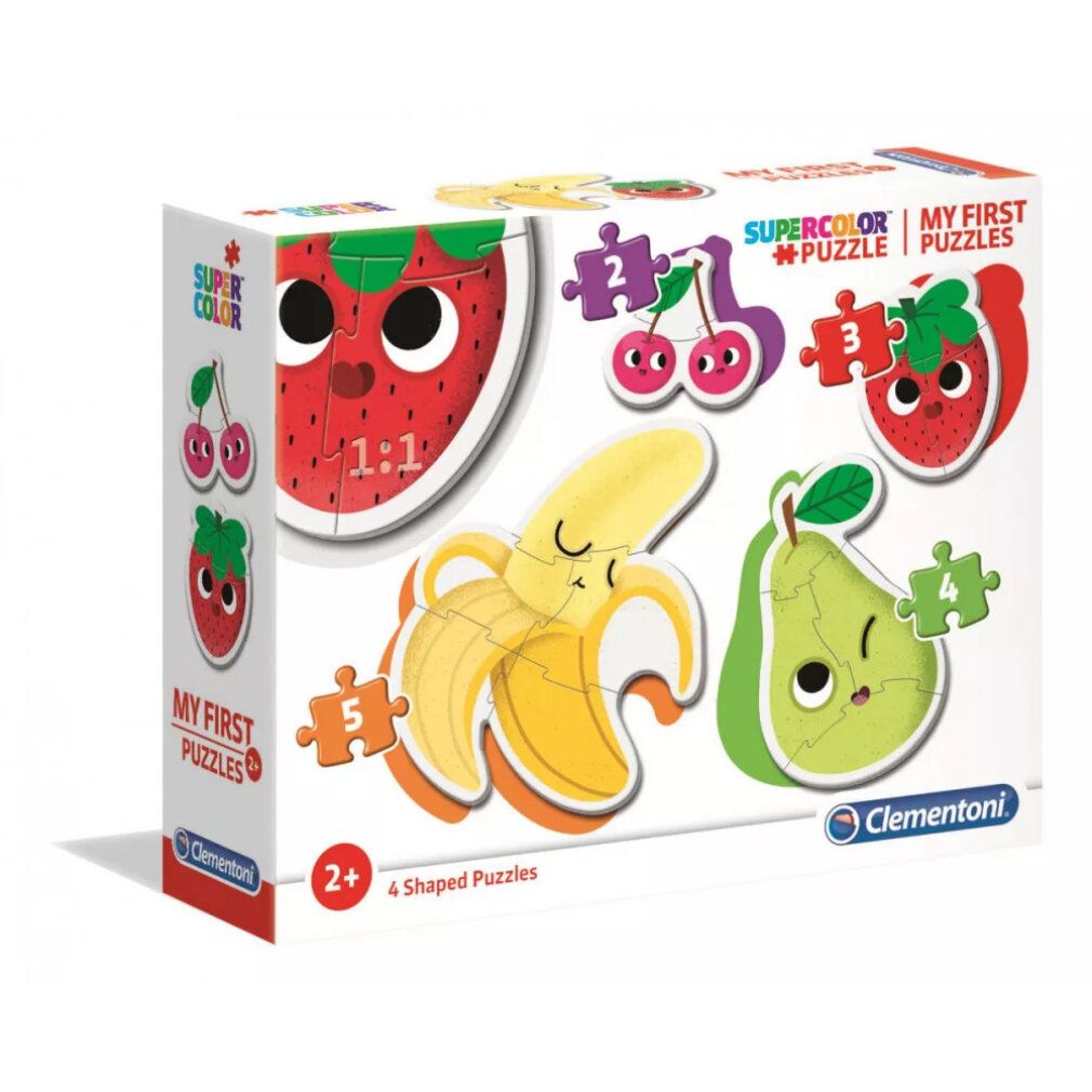 Confezione di puzzle. Puzzle di frutta: fragola, ciliegie, banana e pera. Logo Clementoni e nome del prodotto.