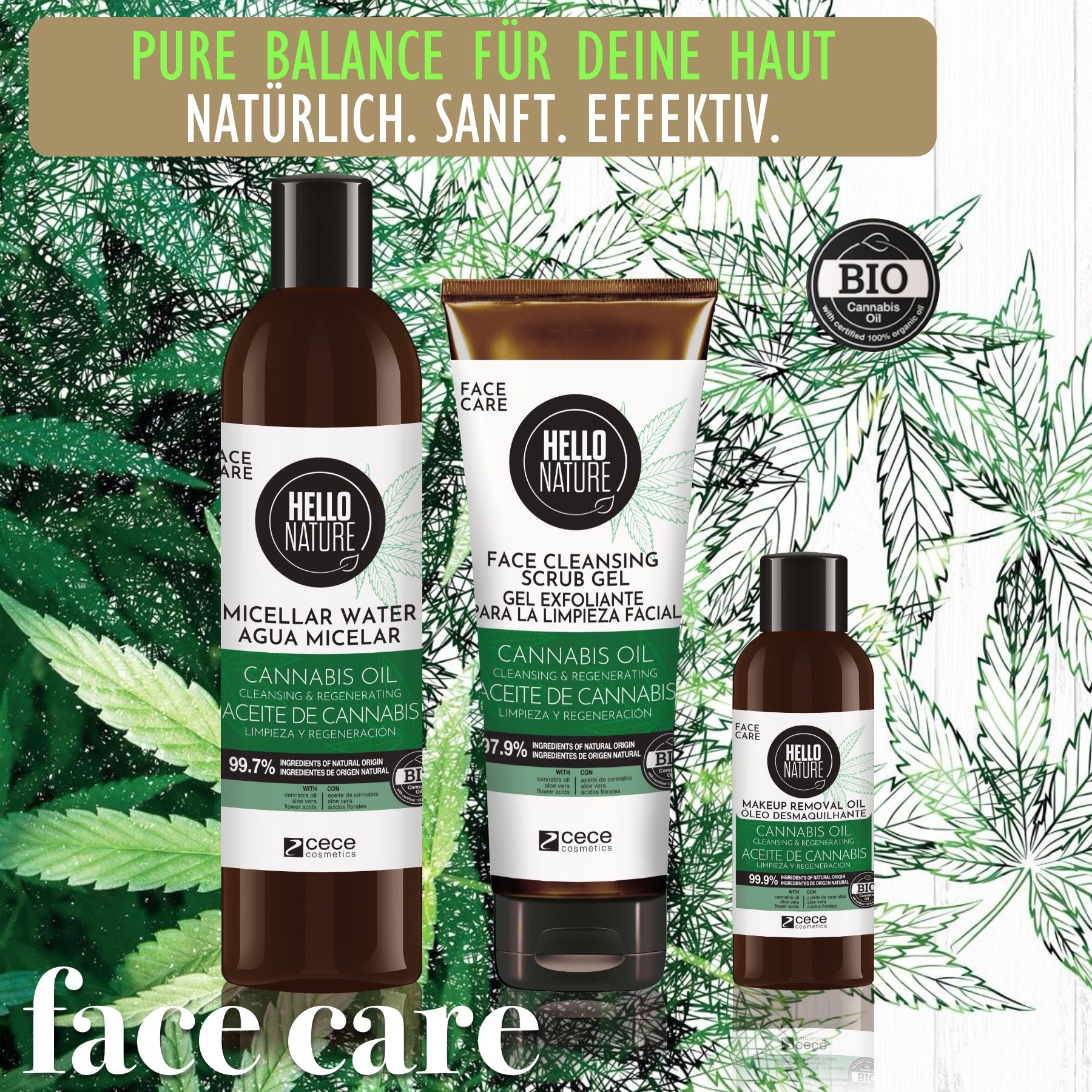 Tre prodotti Hello Nature: acqua micellare, scrub viso e struccante. Sigillo biologico. Foglia di cannabis.