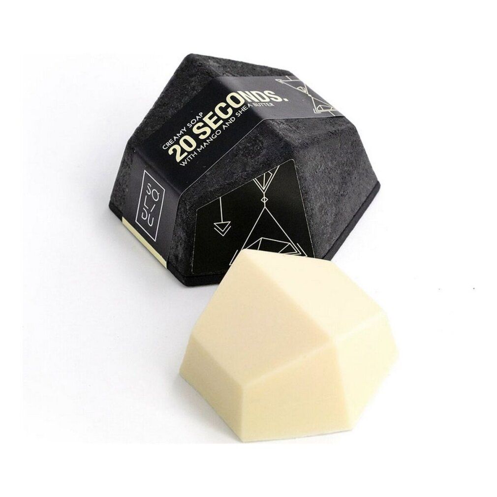 Sapone cremoso beige chiaro, forma geometrica. Confezione nera con testo bianco: 20 SECONDS. Marchio: SOLI DU.