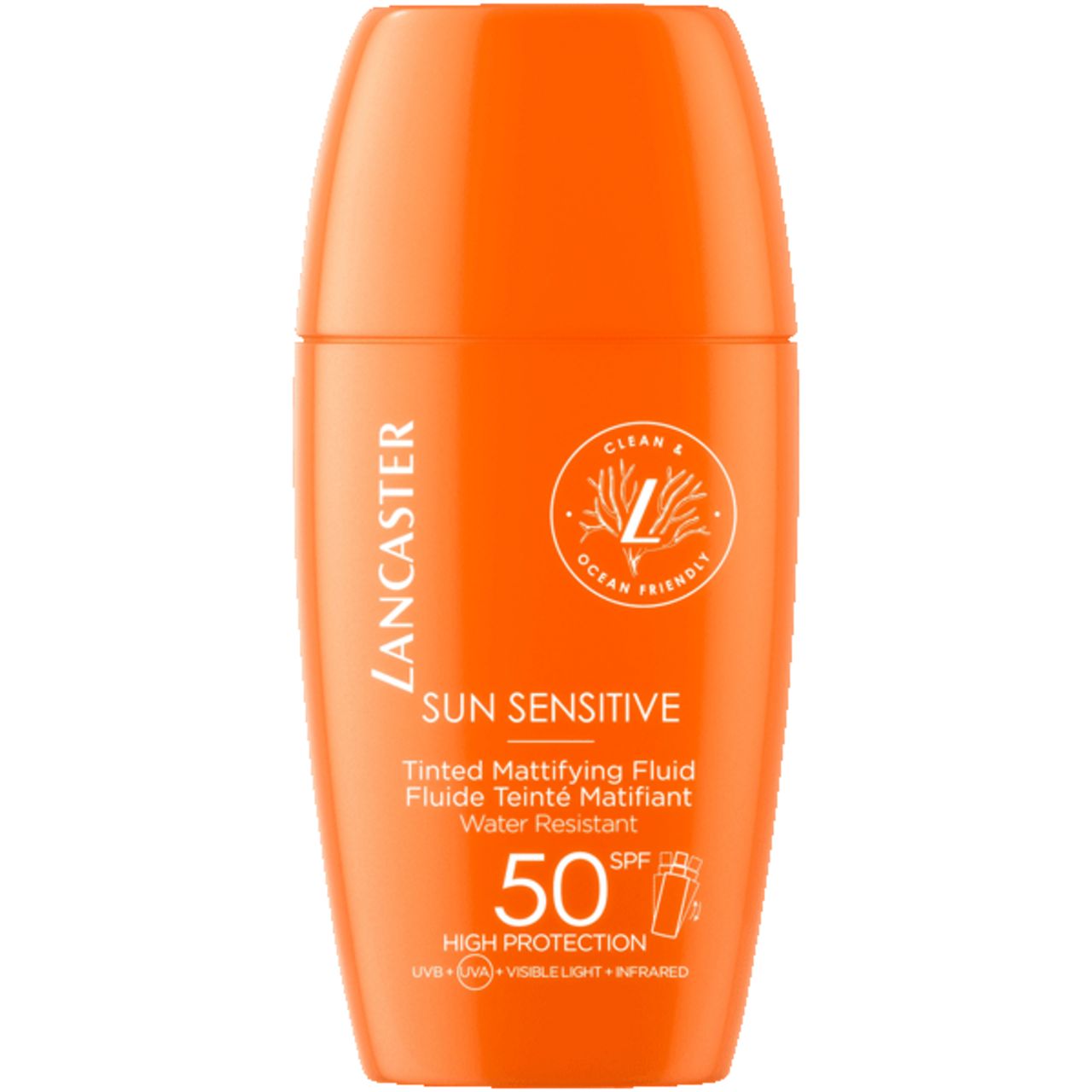 Flacone arancione. Scritta: LANCASTER SUN SENSITIVE 50 SPF. Testo: Tinted Mattifying Fluid.