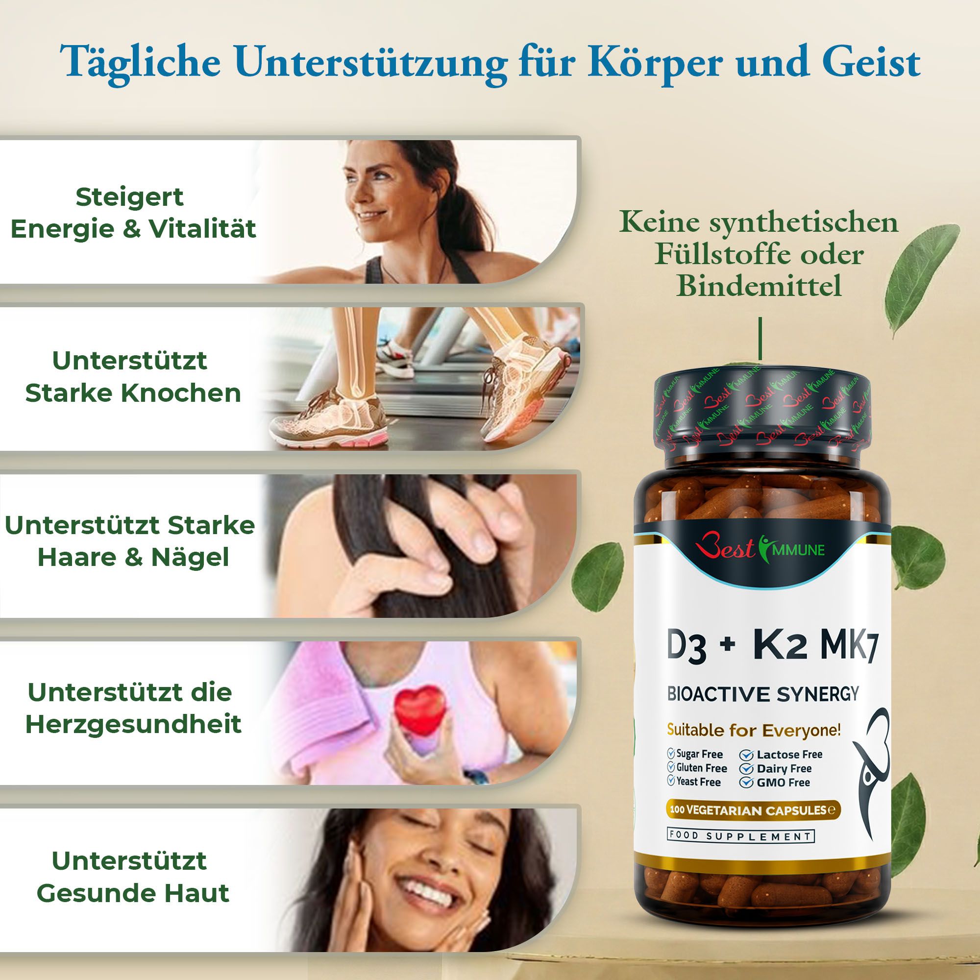 Collage che mostra i benefici di Best Immune D3 + K2 MK7 per corpo e mente.