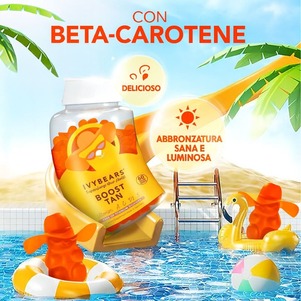 Grande figura di orsetto gommoso con cappello. Testo: 100% vegano, certificato Halal, certificato GMP, certificato HACCP.