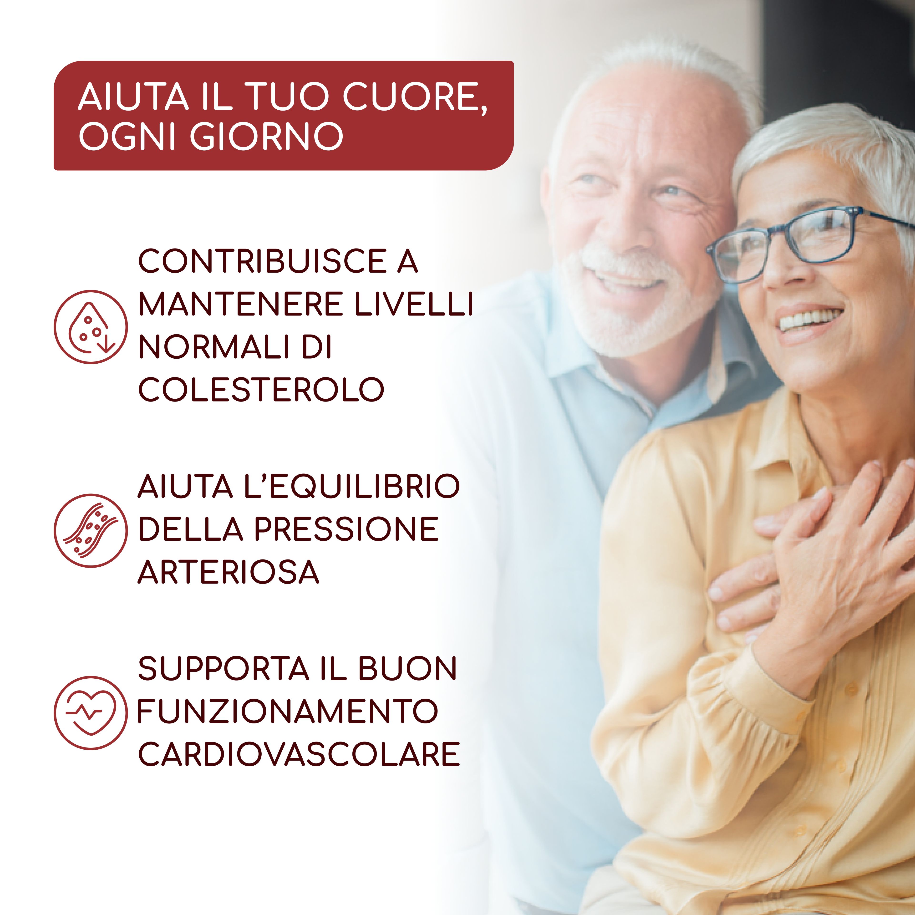 Coppia anziana. Aiuta il cuore, ogni giorno. Contribuisce a mantenere i livelli di colesterolo. Supporta la funzione cardiovascolare.