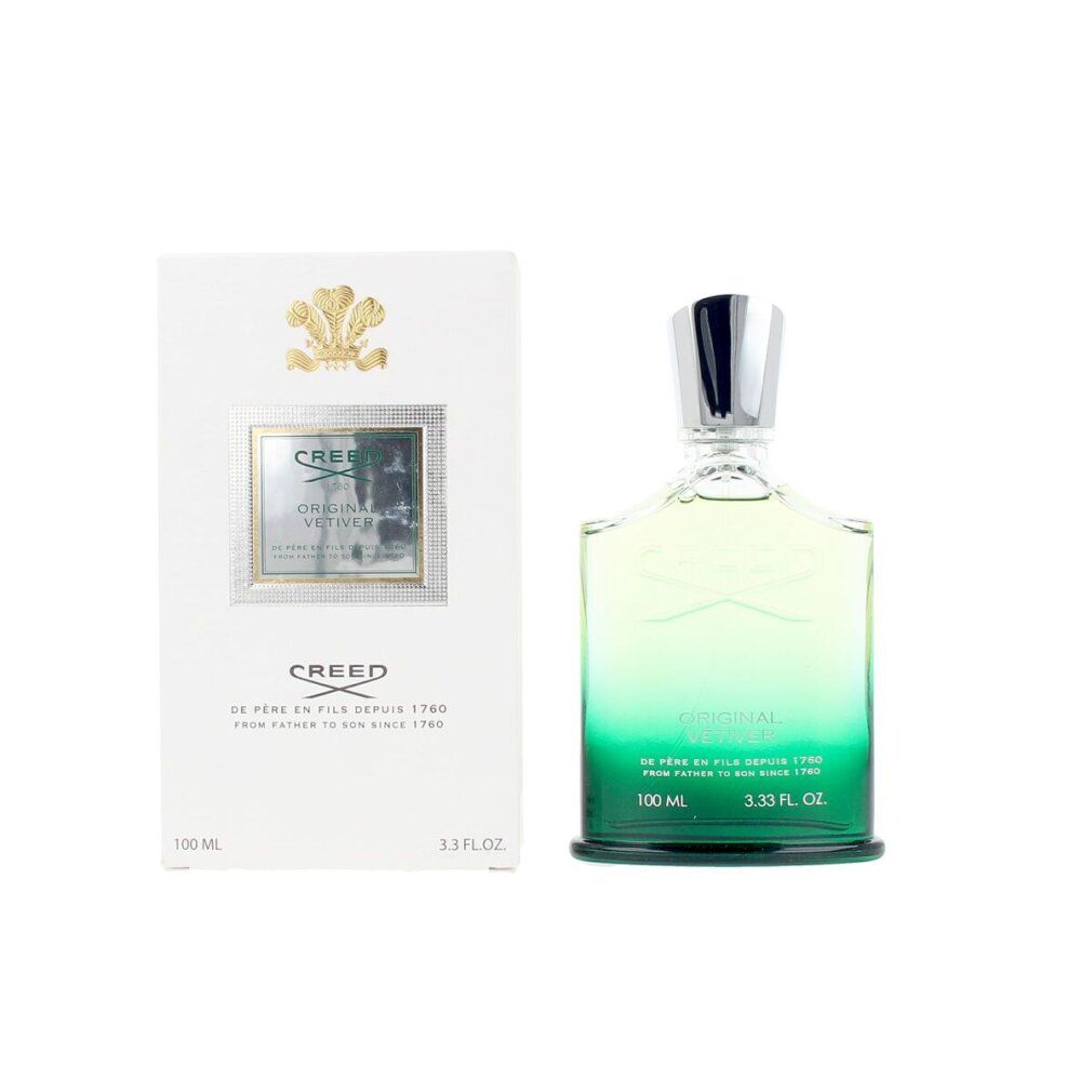 Flacone di profumo e scatola. Scritta: CREED ORIGINAL VETIVER. 100 ML. Su sfondo bianco.