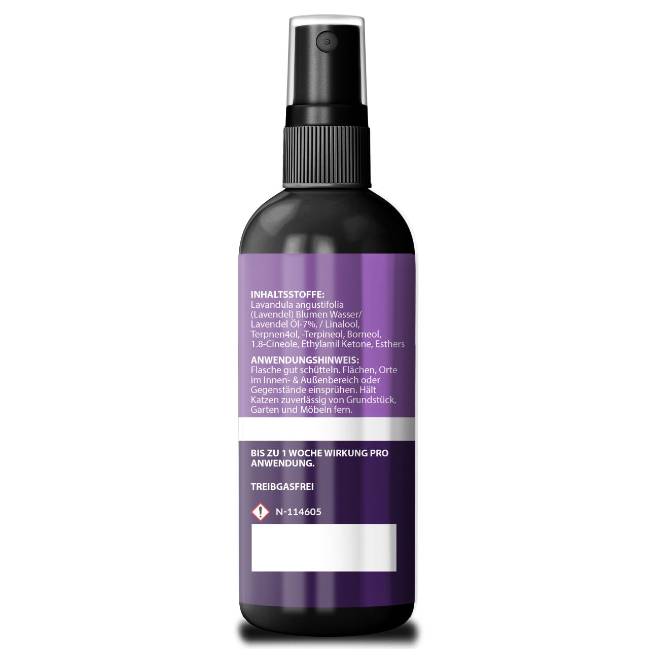 Retro del flacone spray nero. Ingredienti, istruzioni per l'uso e avvertenze su sfondo viola.