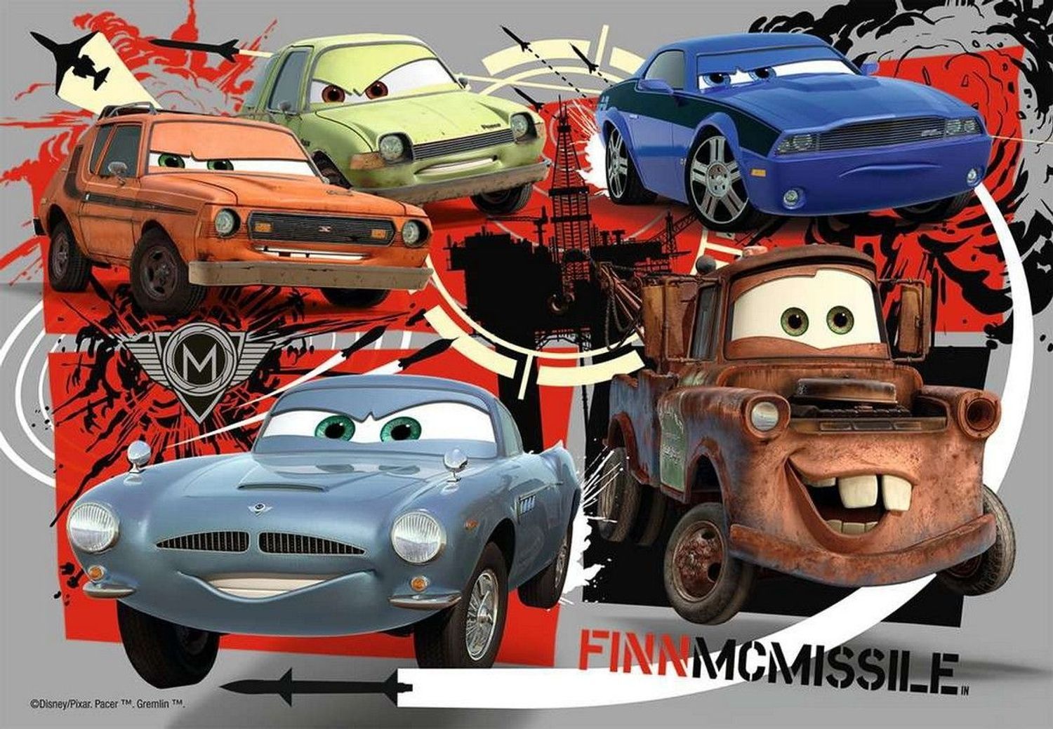 Puzzle con personaggi Cars. Sei auto su sfondo grigio. Logo e scritta 'Finn McMissile' visibili.