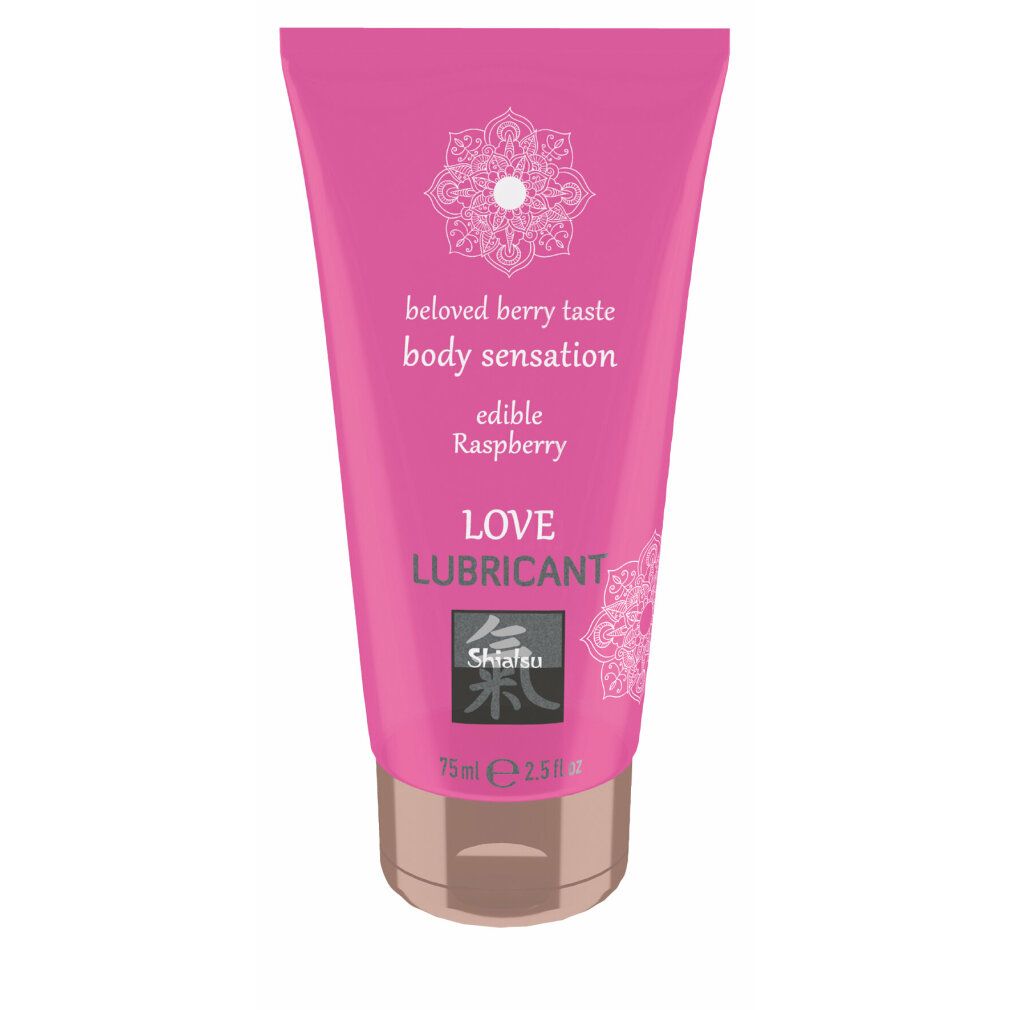 Tubo rosa con testo bianco. Testo: beloved berry taste, body sensation, edible Raspberry, LOVE LUBRICANT. Marchio: Shiatsu. Volume: 75ml.