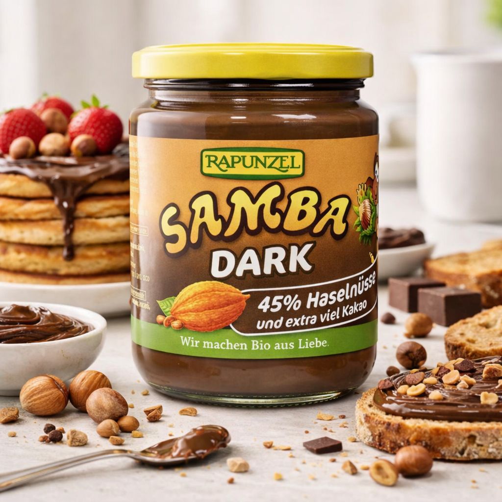Crema spalmabile Rapunzel Samba Dark cacao-nocciole in vasetto con tappo giallo, nocciole e cacao.