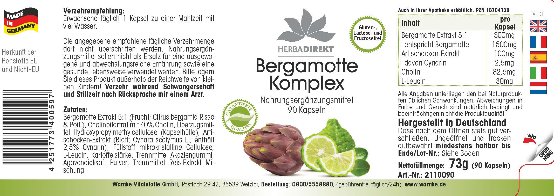 Retro della confezione. Scritta: Bergamotte Komplex, 90 capsule. Ingredienti e informazioni nutrizionali. Prodotto in Germania.