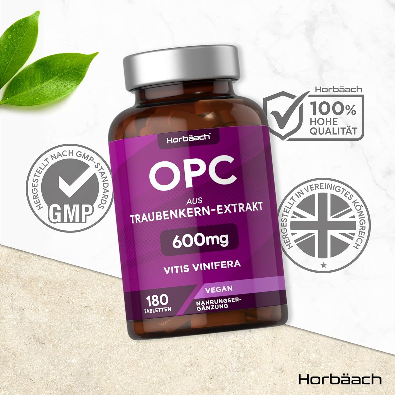 Flacone marrone con etichetta viola. Testo: OPC, 600mg, 180 compresse. Vegano. Horbaach. Sigilli.