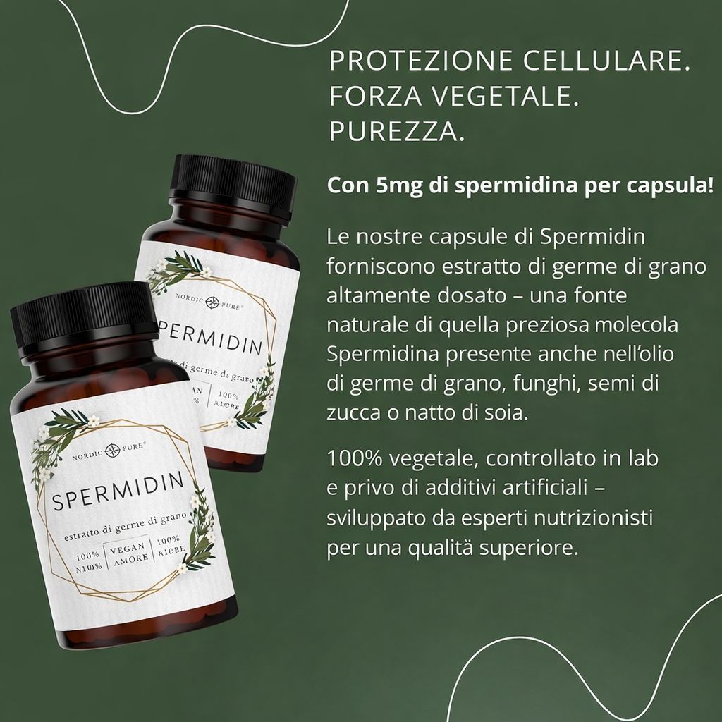 Due flaconi di capsule. Testo: Con 5mg di spermidina per capsula. Testo sulla protezione cellulare, forza vegetale, purezza.