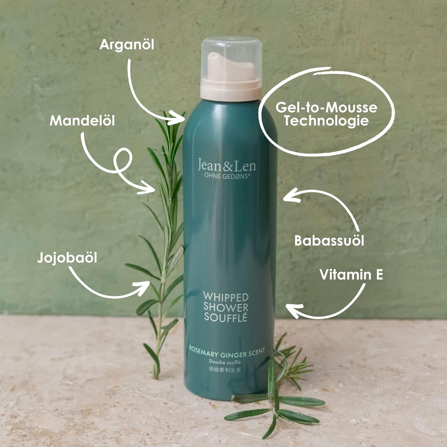 Flacone verde 'Whipped Shower Soufflé' Jean & Len. Frecce: olio di argan, mandorle, jojoba, babassu, vitamina E.