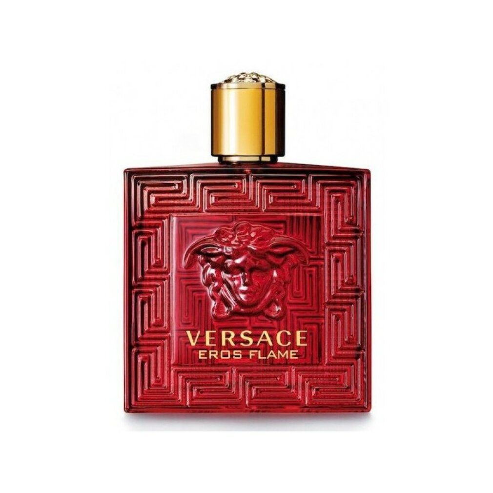 Flacone rosso Versace Eros Flame con tappo dorato. Forma quadrata, motivo in rilievo, logo Medusa.