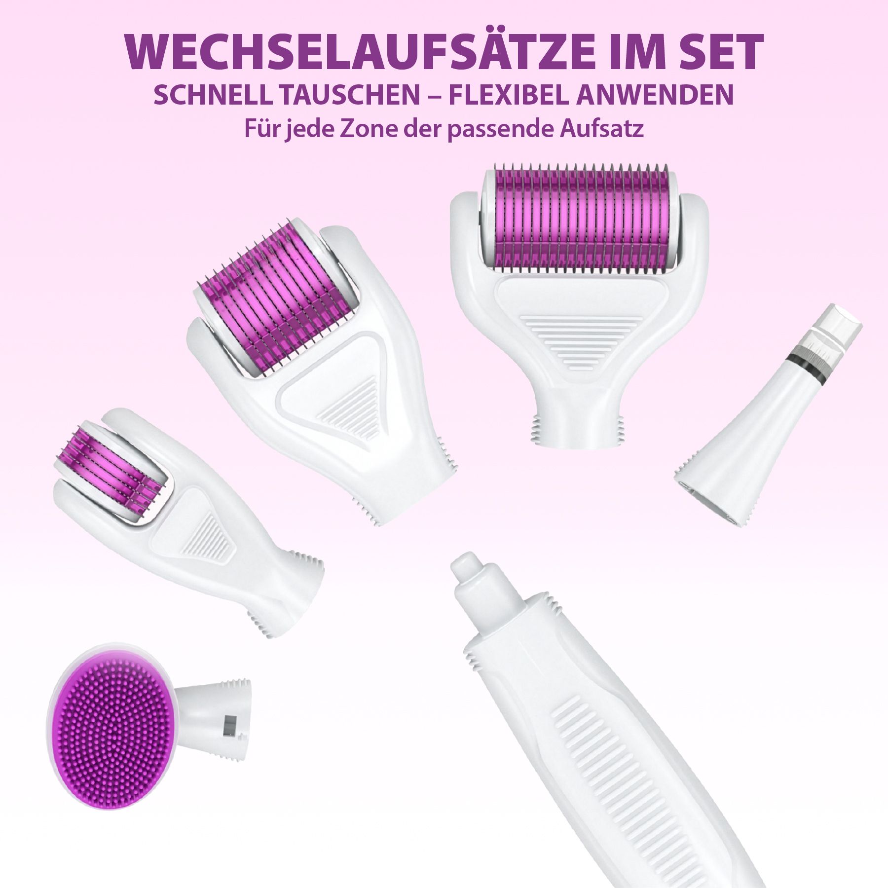 Diversi accessori e accessori per dermaroller. Testo: ACCESSORI DI RICAMBIO NEL SET. Cambia velocemente, applica in modo flessibile.