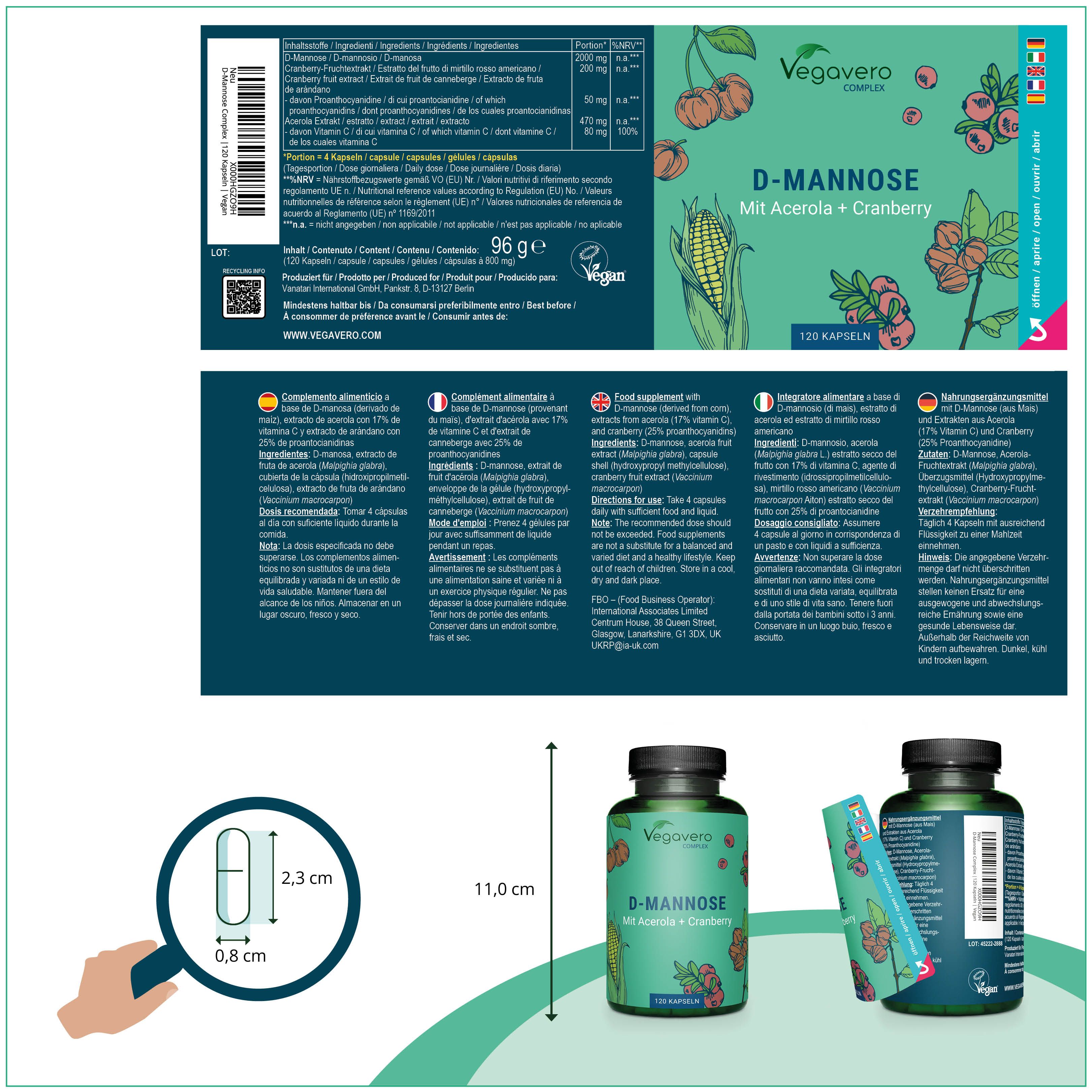Confezione del prodotto con flacone e capsula. Scritta: D-Mannose, 120 capsule. Con vitamina C + mirtillo rosso. Vegavaro Complex. Ingredienti.