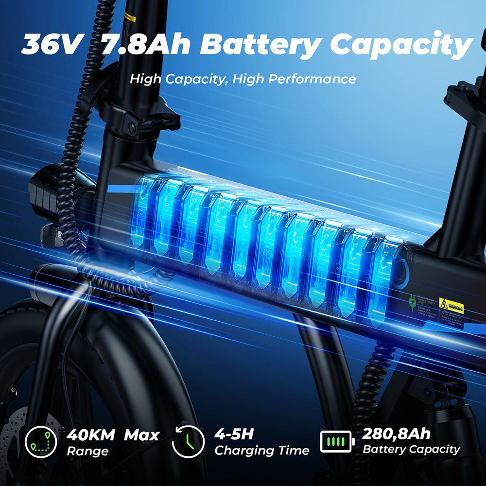 Batteria e-bike 36V 7,8Ah. Autonomia 40 km, tempo di ricarica 4-5 ore. Capacità 280,8 Ah.