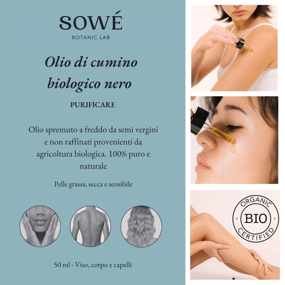 Pubblicità "SOWÉ Botanic Lab Olio di cumino biologico nero". 3 foto: applicazione viso, schiena, capelli. Certificazione bio.