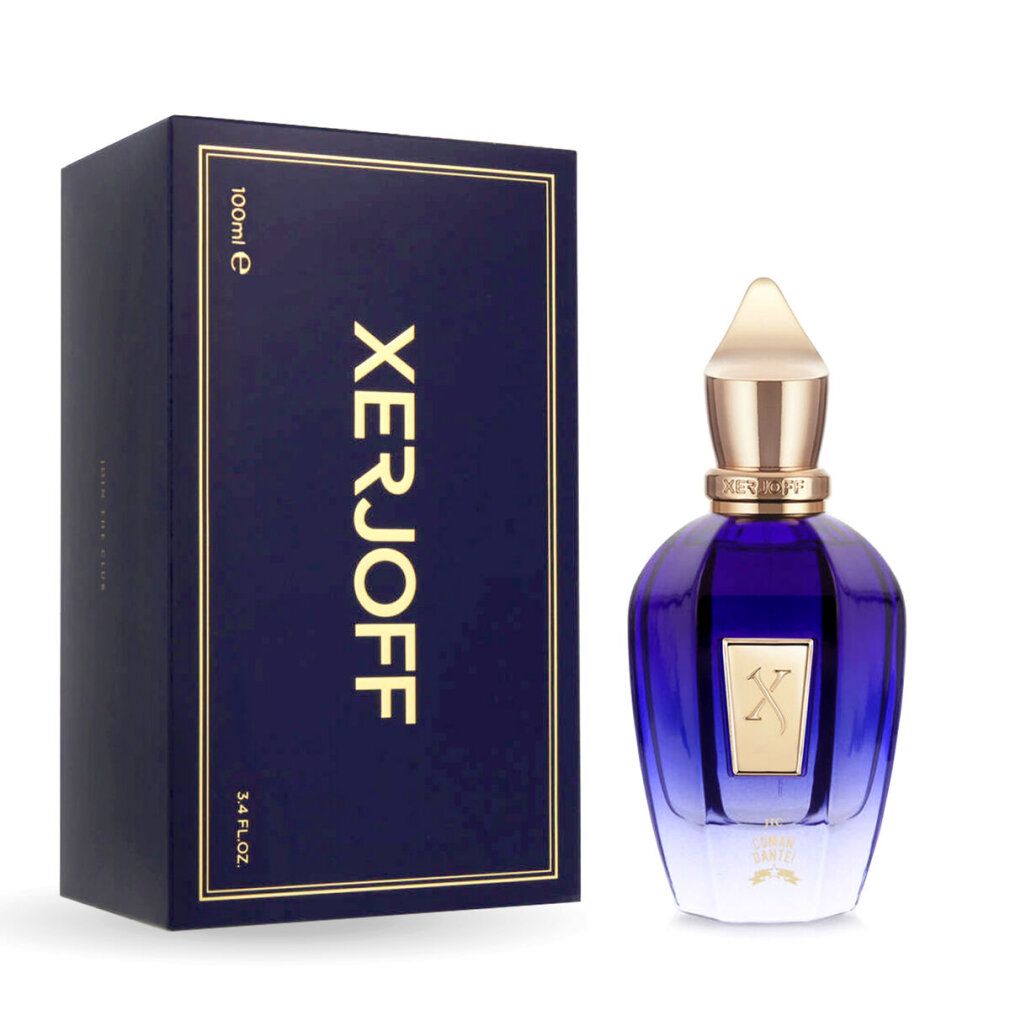 Flacone di profumo blu e scatola. Scritte dorate: XERJOFF, 100ml, 3.4 FL.OZ. Flacone con tappo dorato.