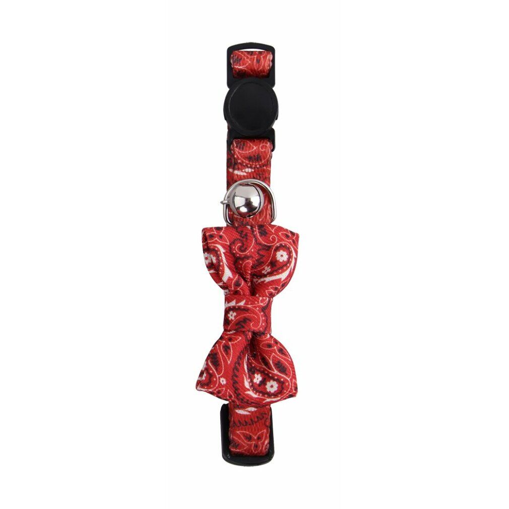 Collare per gatti con motivo bandana rosso e fiocco rosso. Con campanello e fibbia nera.