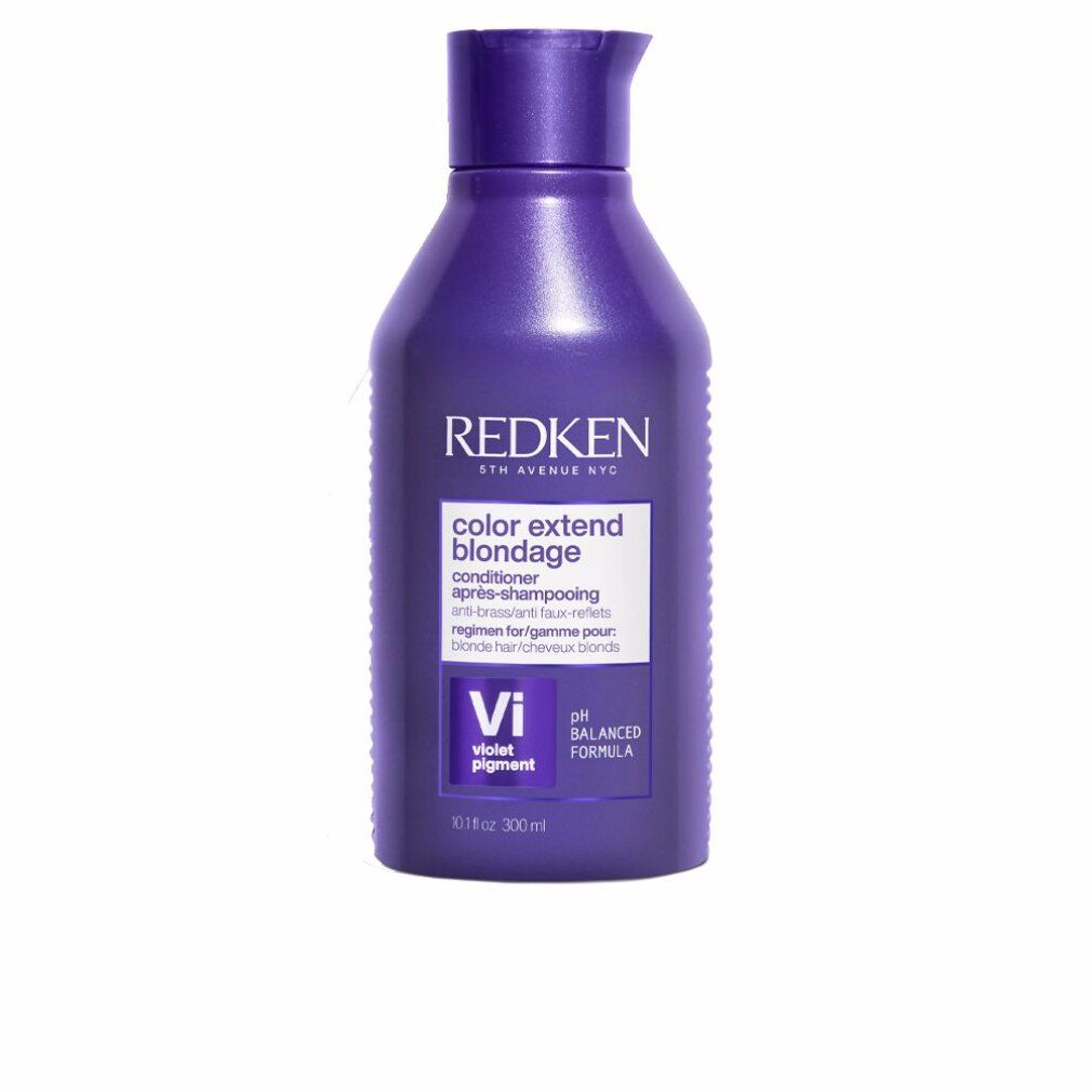 Flacone viola con etichetta. Scritta: Redken Color Extend Blondage Conditioner. Contiene 300 ml.