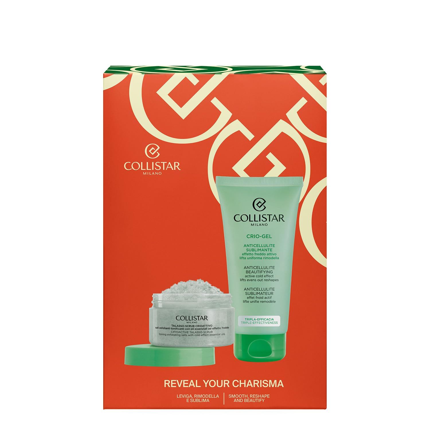 Set regalo su sfondo arancione. Contiene crema e gel. Marchio: Collistar Milano.