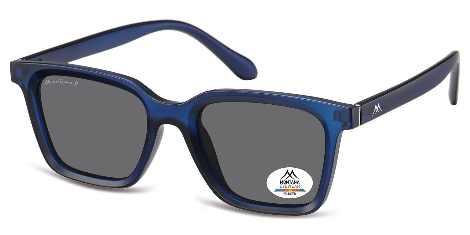 Occhiali da sole blu con lenti grigie. Il logo Montana Eyewear è visibile sull'asta. Sulla lente destra è presente un adesivo.