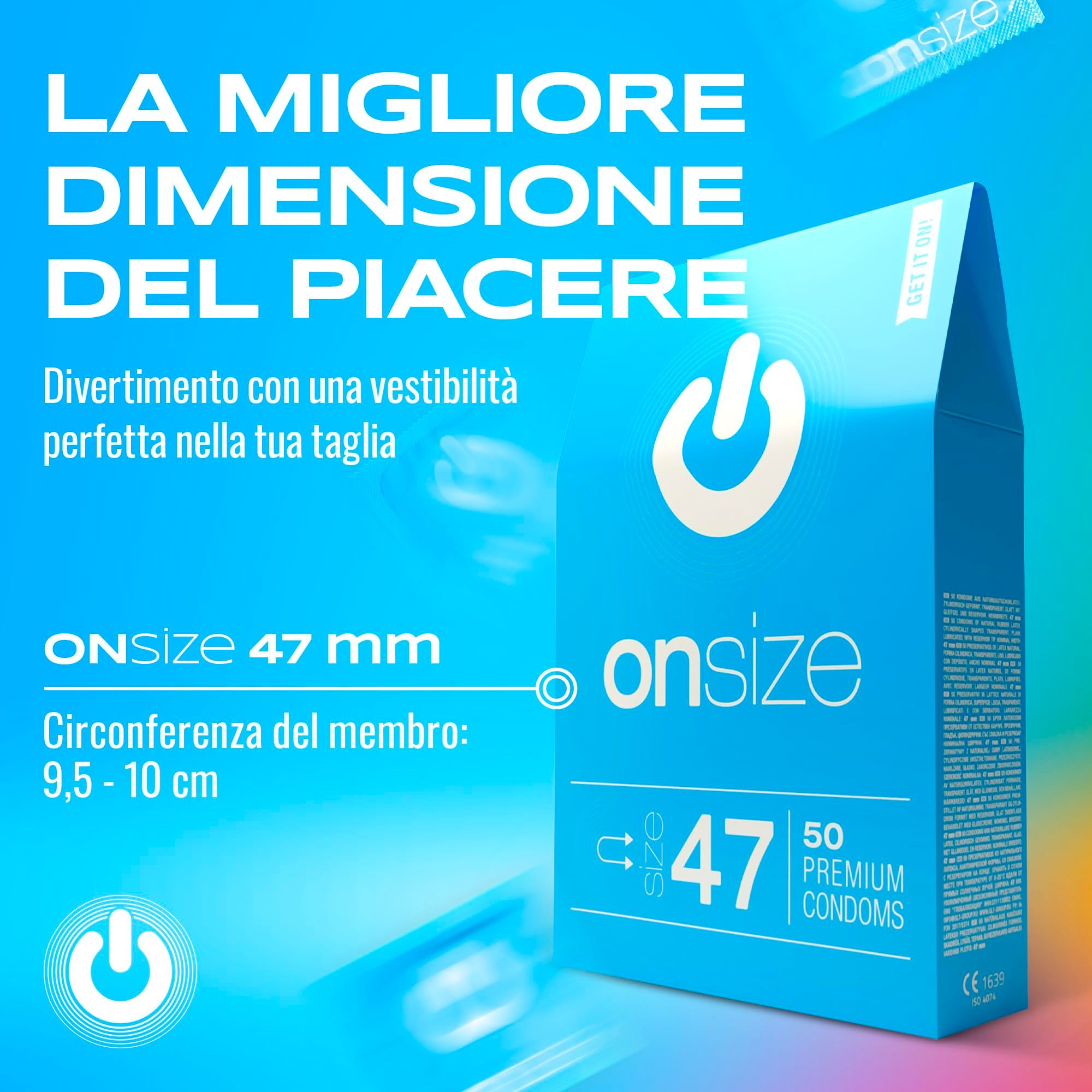Confezione blu ONsize, 50 preservativi, taglia 47mm.