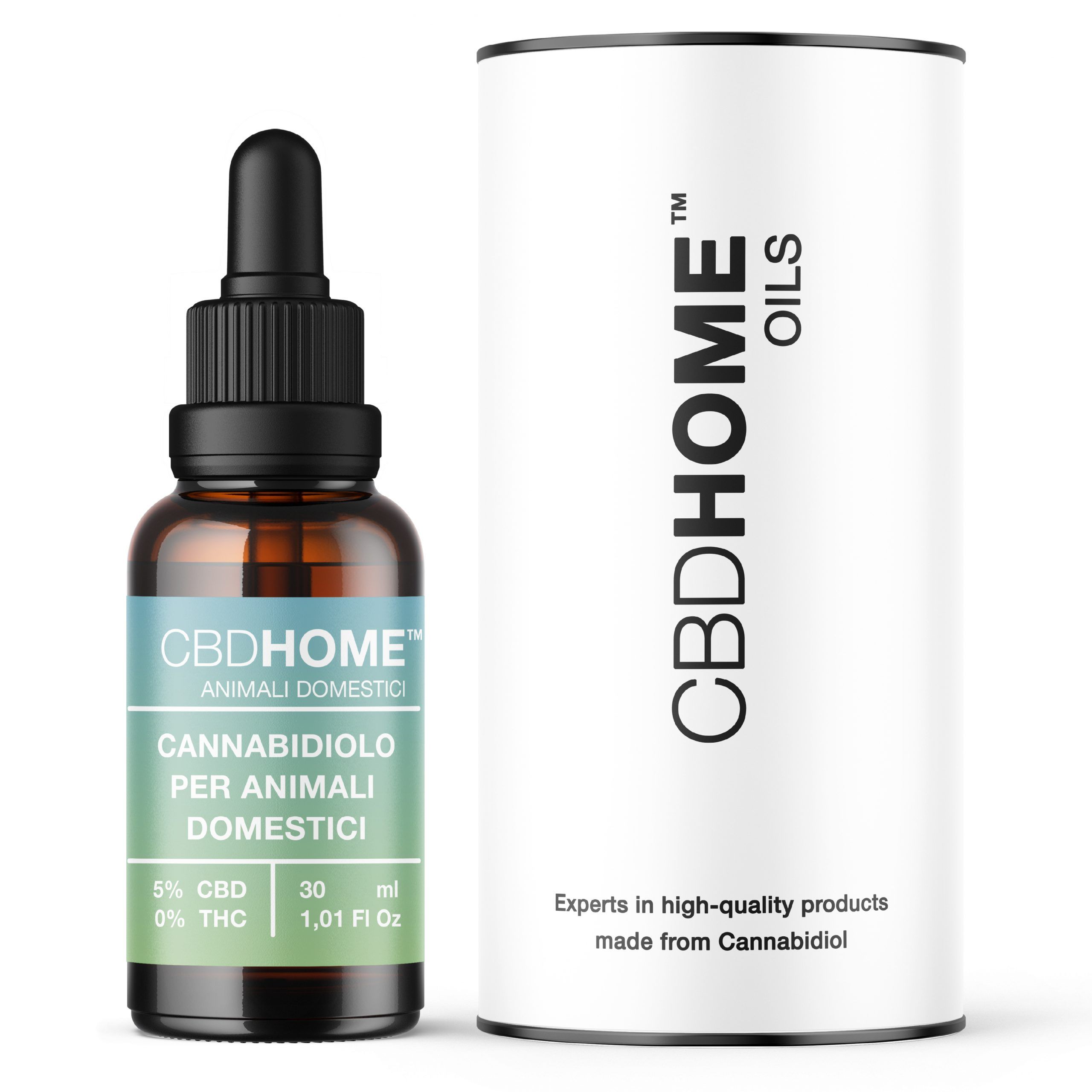 CBD HOME Olio CBD per animali domestici, 5% CBD, flacone da 30ml con contagocce e confezione cilindrica.