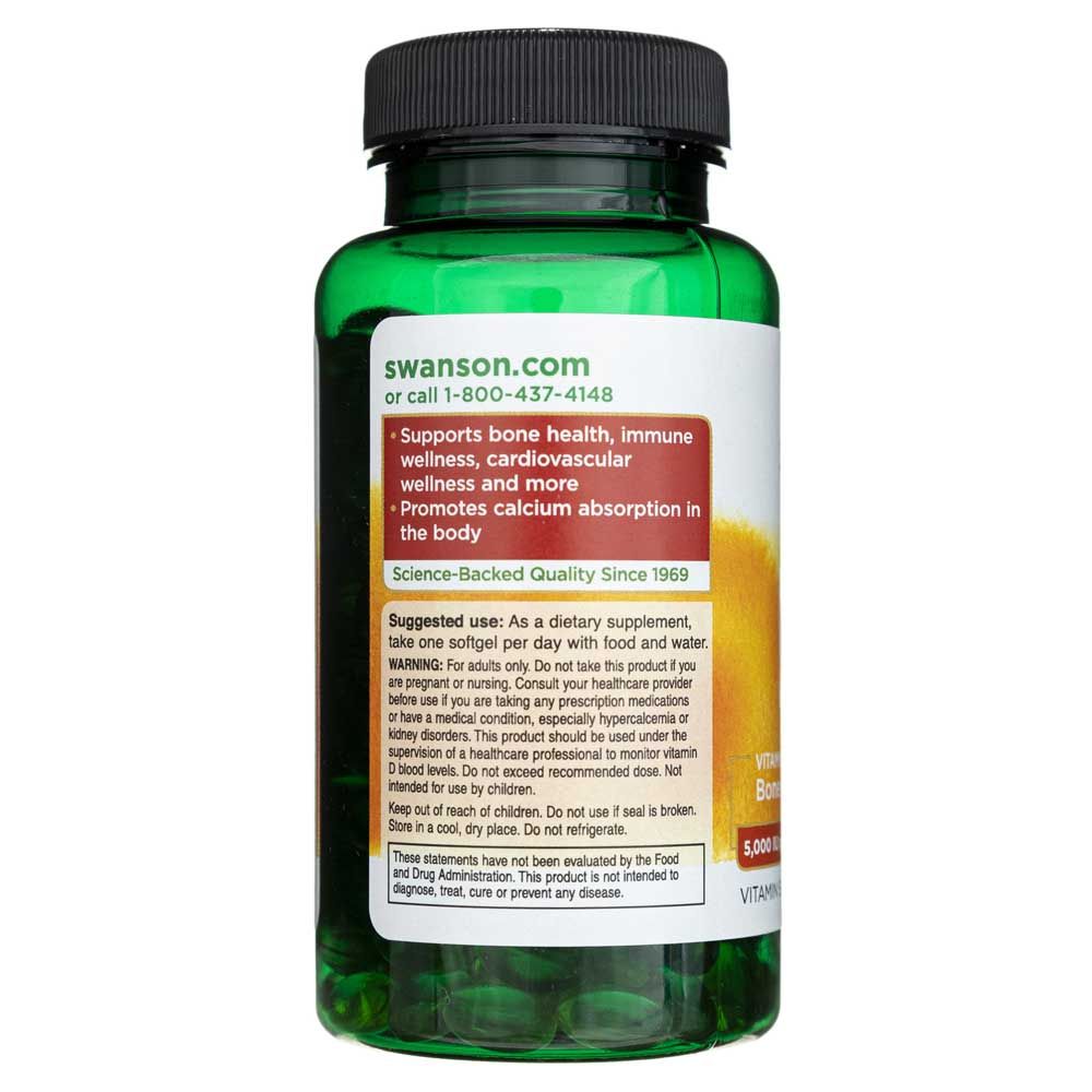 Retro del flacone SWANSON Vitamina D3 con indicazioni per la salute delle ossa e il supporto immunitario.