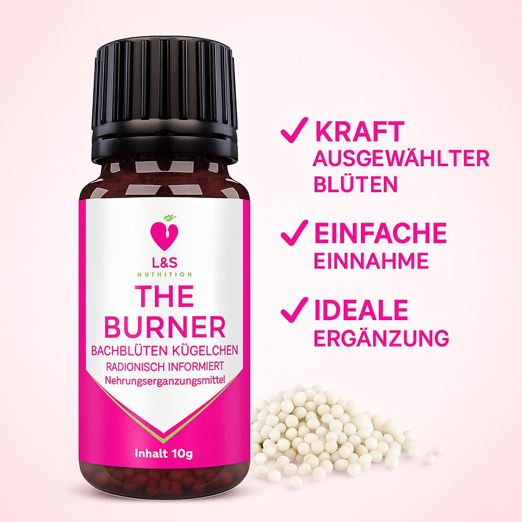 Flacone marrone con tappo nero. Etichetta rosa con testo: L&S Nutrition, THE BURNER, Bachblüten Kügelchen. Accanto, granuli.
