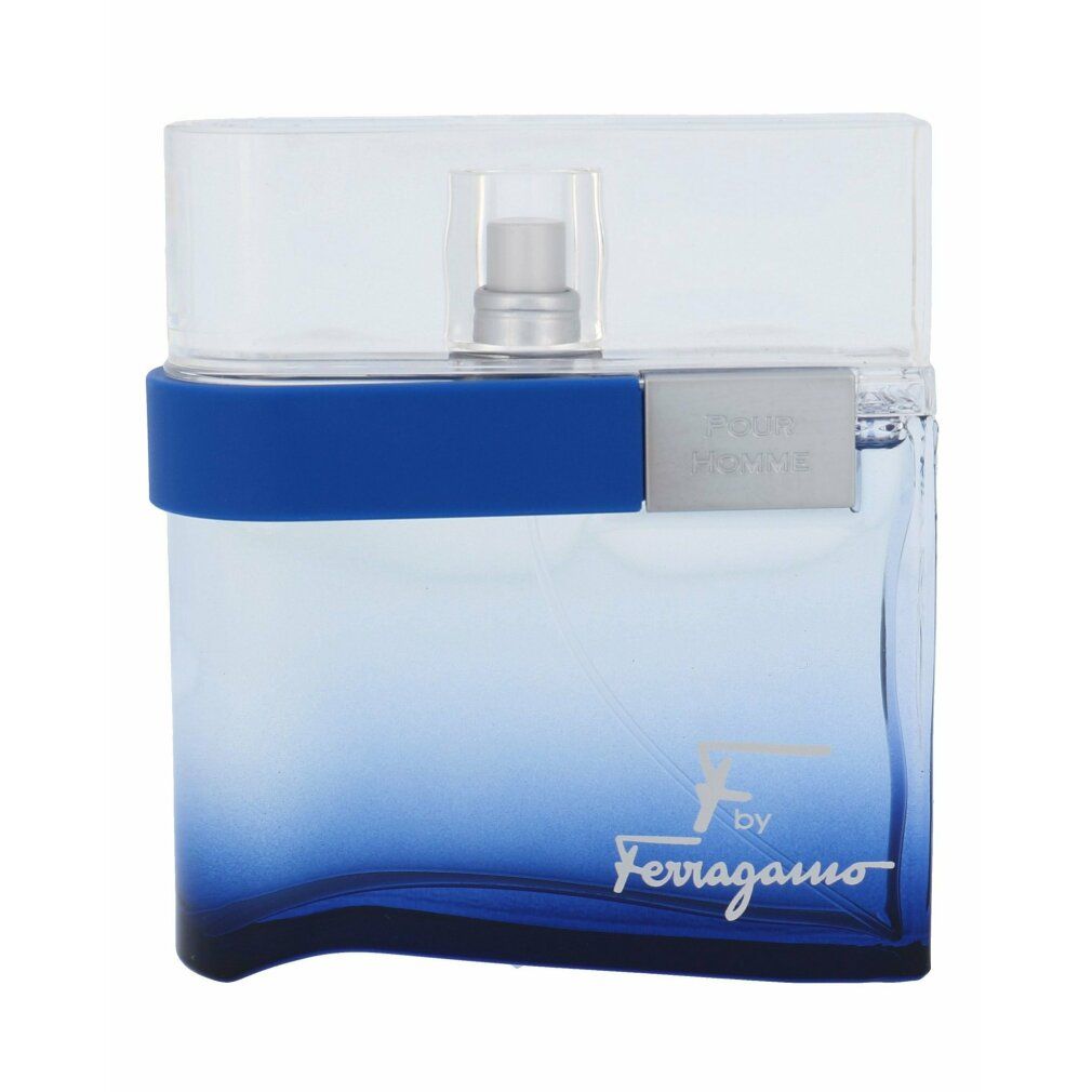 F by Ferragamo Free Time Edt. Spray. Sfumatura blu nel flacone di vetro. Fascetta blu e vaporizzatore argentato.