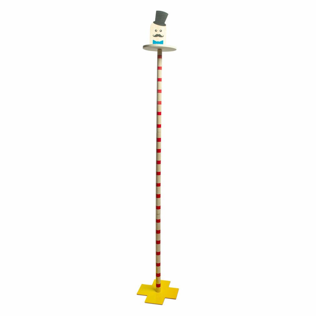 Un lungo bastone con motivo rosso e bianco, base gialla e una figura con cappello e baffi in cima.