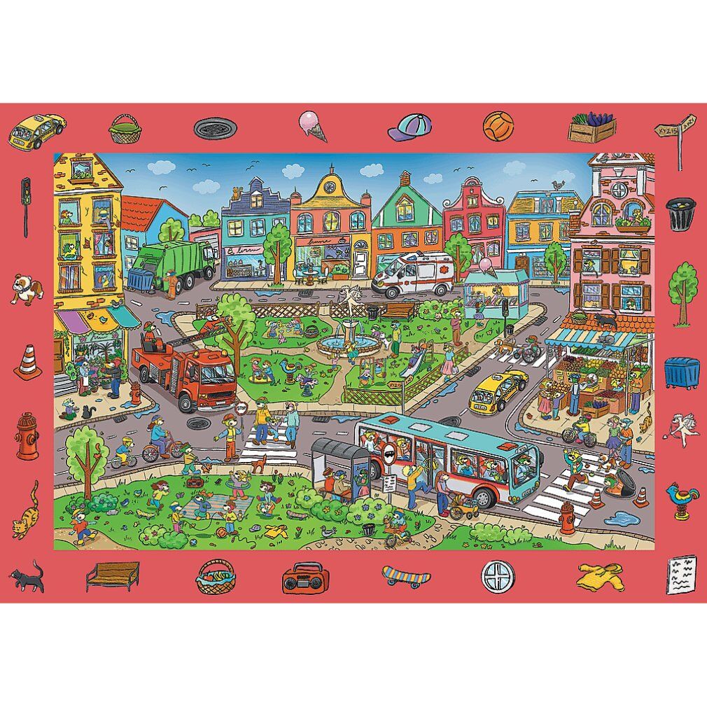 Puzzle completato con vista della città e immagine di ricerca. Bordo rosso. Vari oggetti sul bordo.