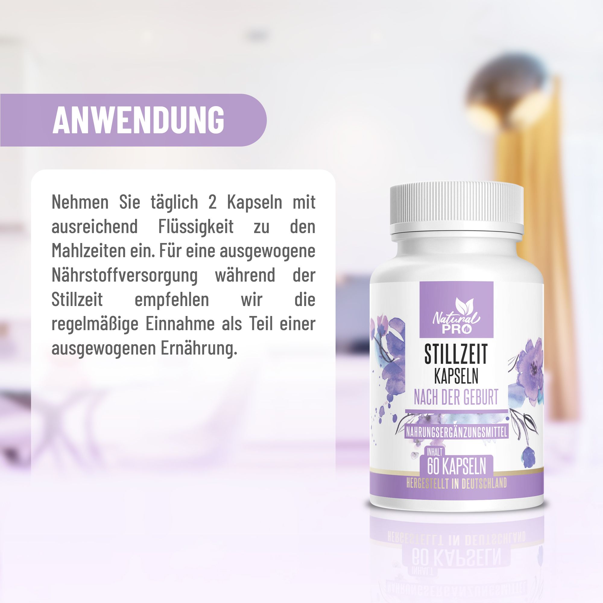Istruzioni per l'uso: 2 capsule al giorno con liquido. Flacone di Stillzeit Kapseln accanto al testo.