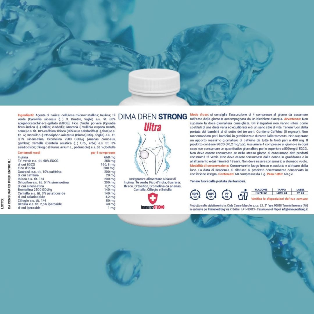 Flacone di pillole bianco con etichetta. Testo: Dima Dren Strong Ultra. Ingredienti e informazioni.