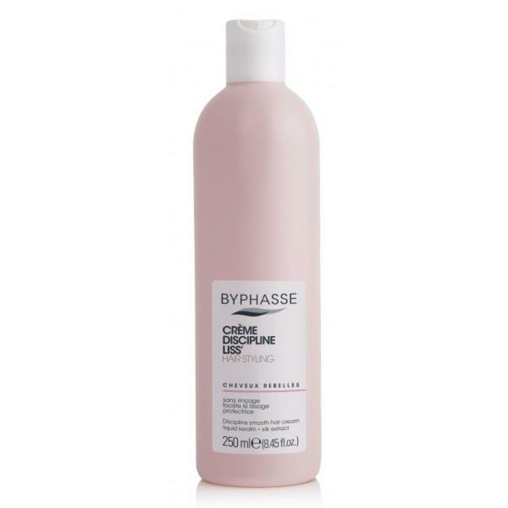 Flacone rosa con tappo bianco. Etichetta: BYPHASSE, Crème Discipline Liss, Hair Styling. Testo: Cheveux rebelles.