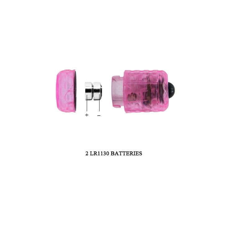 Vibratore rosa con 2 batterie LR1130. Componenti: alloggiamento, batterie.