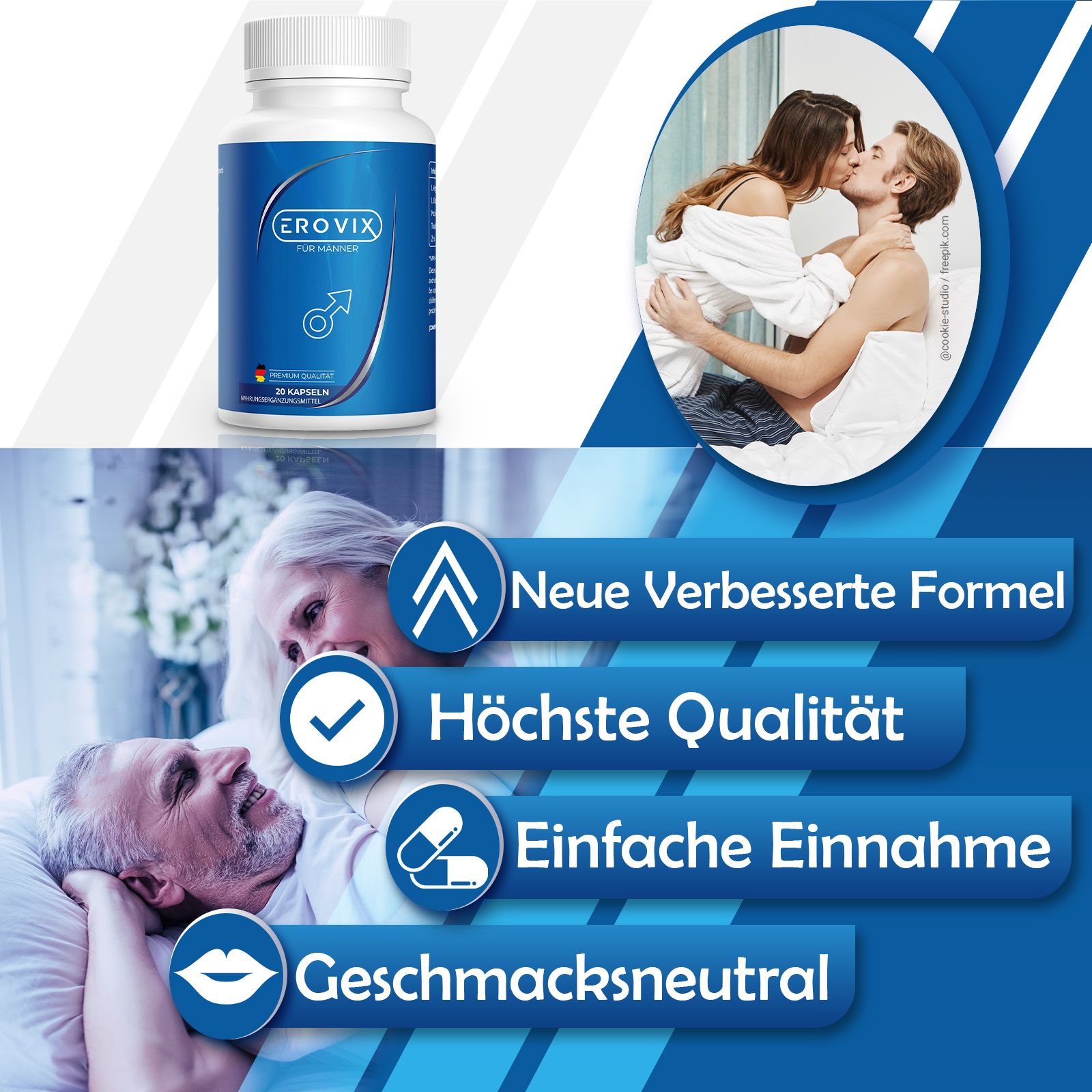 Flacone blu Erovix. Contiene capsule. Testo: Nuova formula migliorata, massima qualità, facile assunzione, insapore.