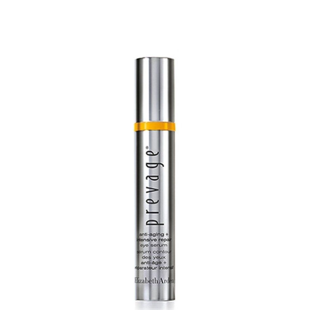Flacone argentato con accento giallo. Testo: "prevage" e "Siero occhi anti-età".