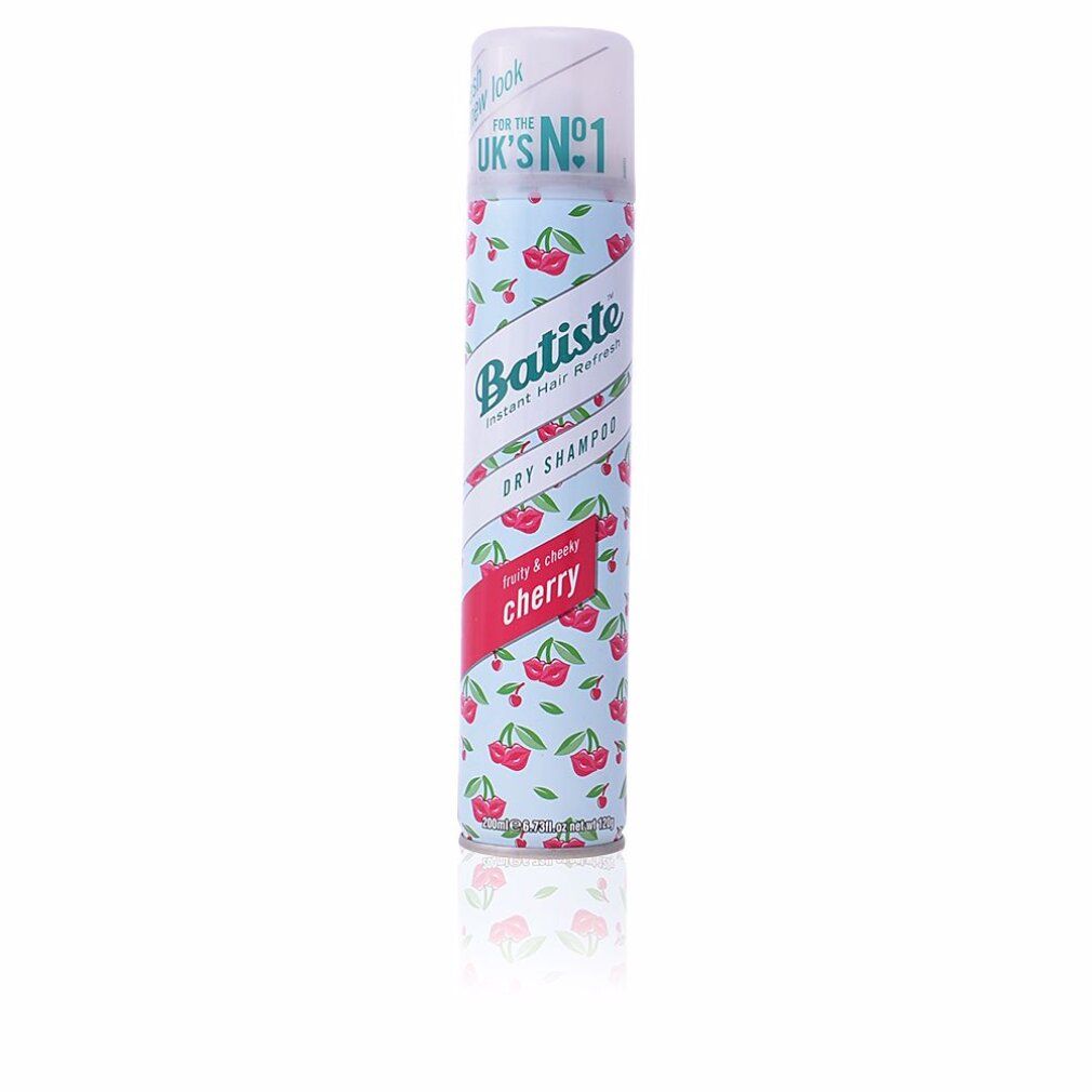 Flacone spray di shampoo secco Batiste Cherry. Motivo ciliegie. Scritta: Dry Shampoo, Cherry, n. 1 nel Regno Unito.