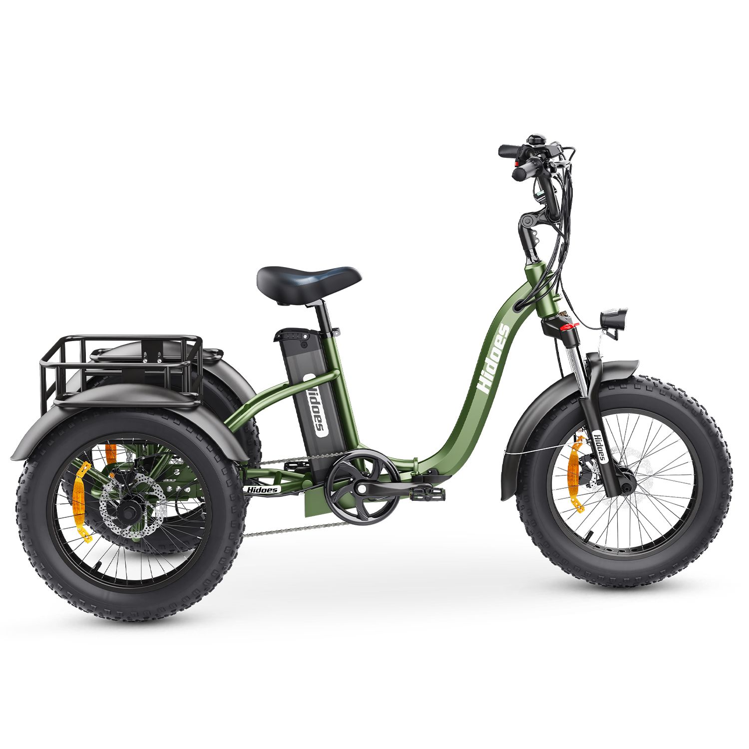 Triciclo elettrico verde con cestino nero, pneumatici e sedile. Marchio: Hidoes. Batteria rimovibile.