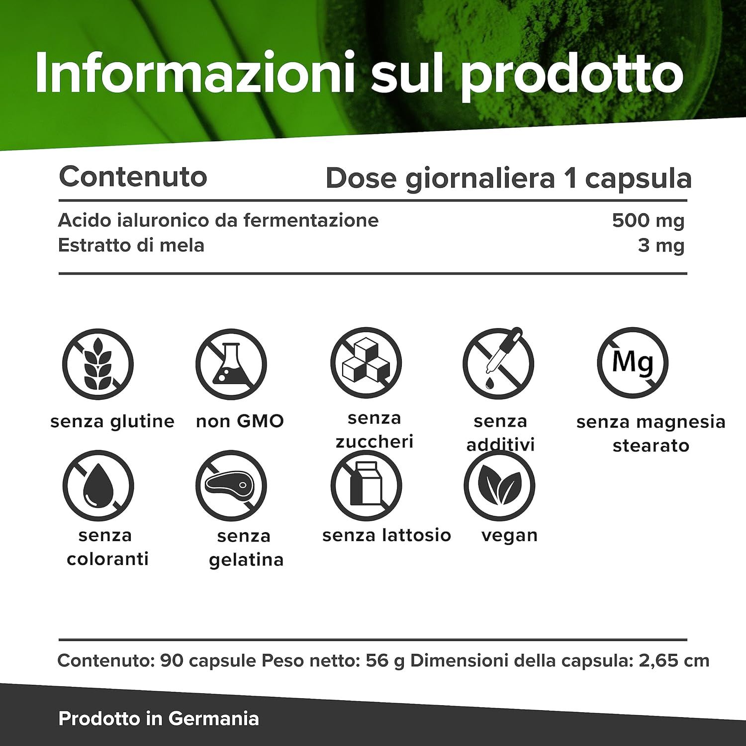 Informazioni sul prodotto. Tabella con ingredienti: Acido ialuronico, Estratto di mela. Senza additivi.