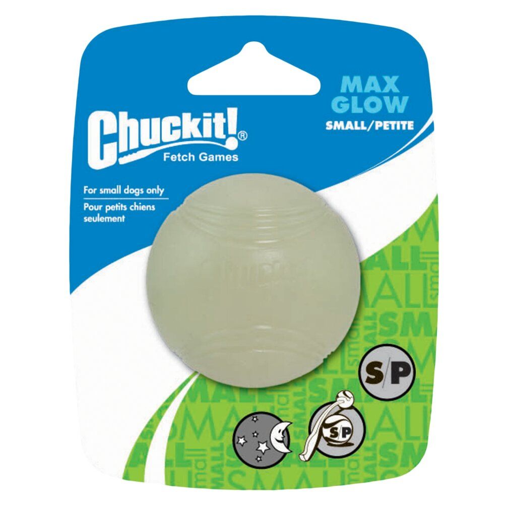 Chuckit! Max Glow Ball, small/petite, in confezione. Sfera verde brillante. Confezione blu con logo.