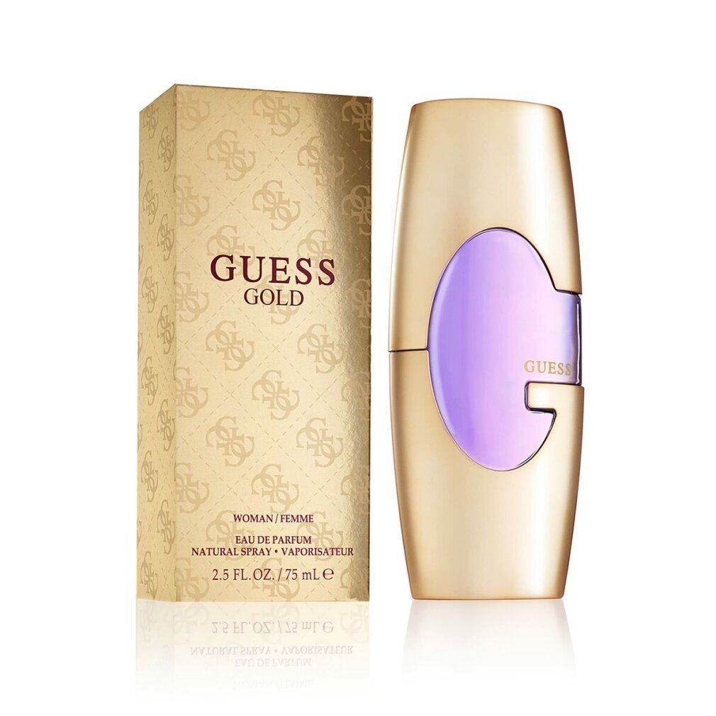 Flacone e scatola dorati. Flacone con inserto viola. Sulla scatola è scritto "GUESS GOLD".