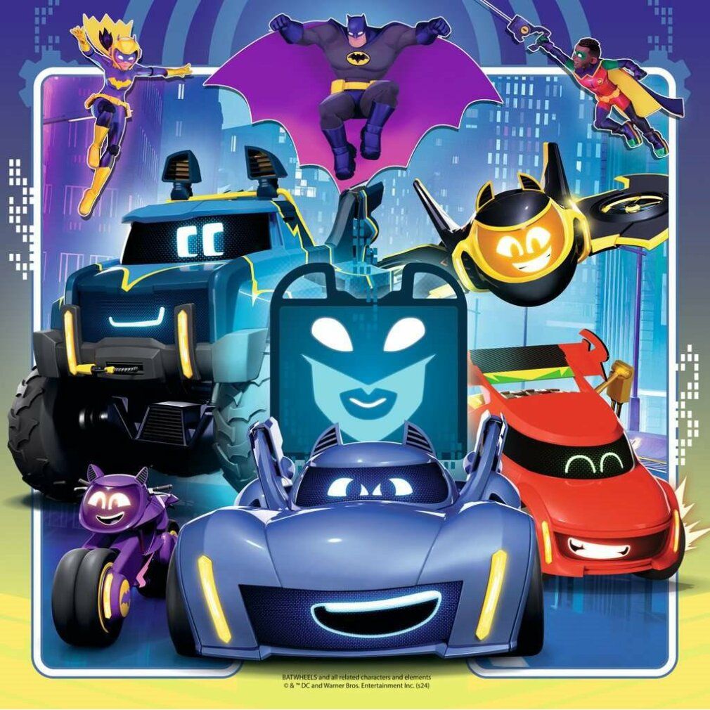 Puzzle con veicoli Batwheels e personaggi DC. Veicoli di diversi colori. Logo DC e altri elementi visibili.