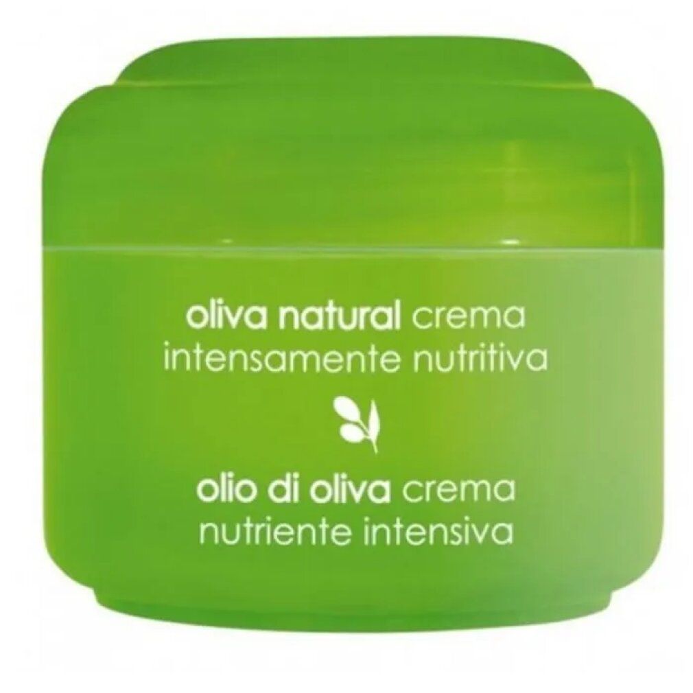 Vasetto verde con testo bianco. Testo: oliva natural crema intensamente nutritiva, olio di oliva crema nutriente intensiva.