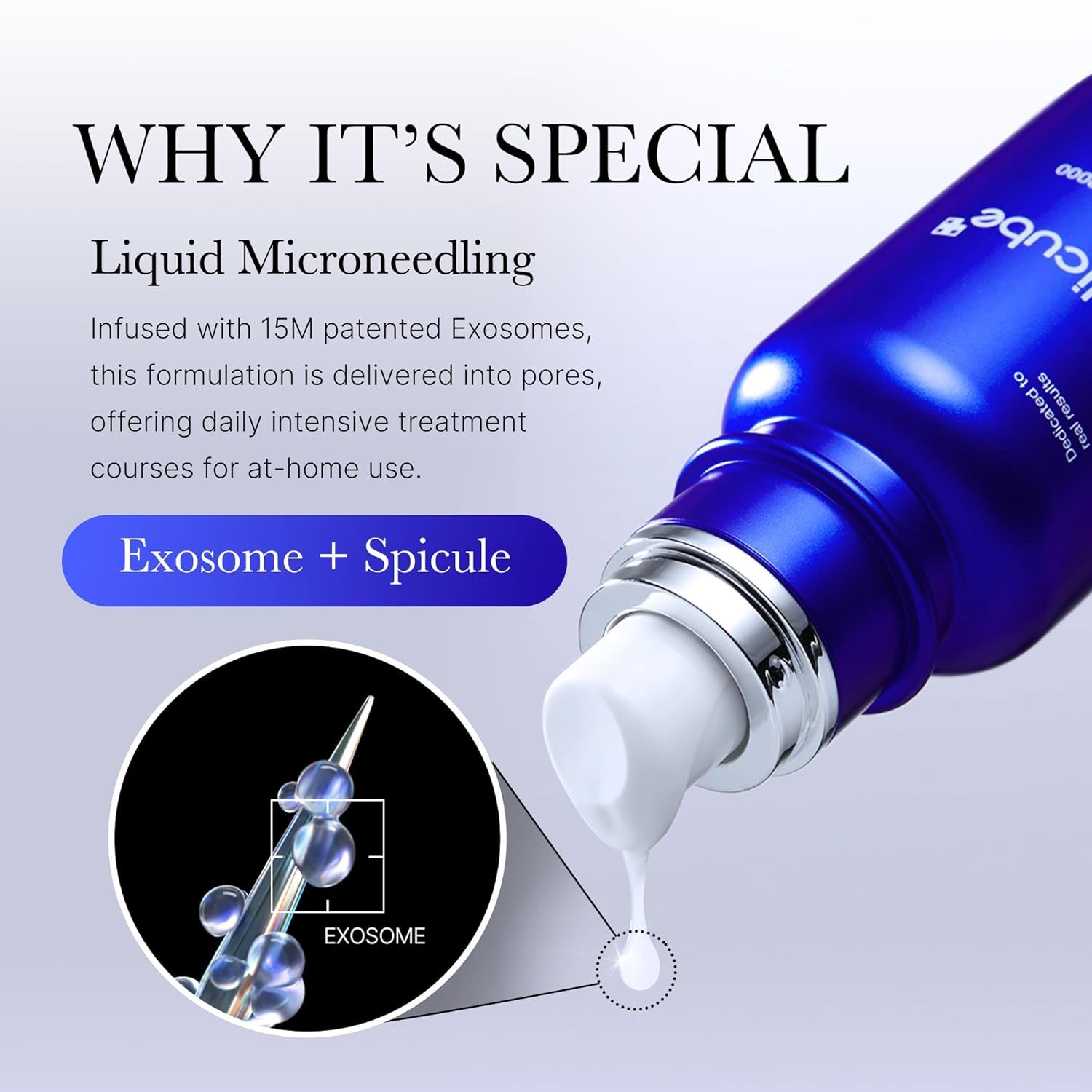 Flacone blu con dosatore. Testo: Liquid Microneedling, Exosome + Spicule. Nome del prodotto non visibile.