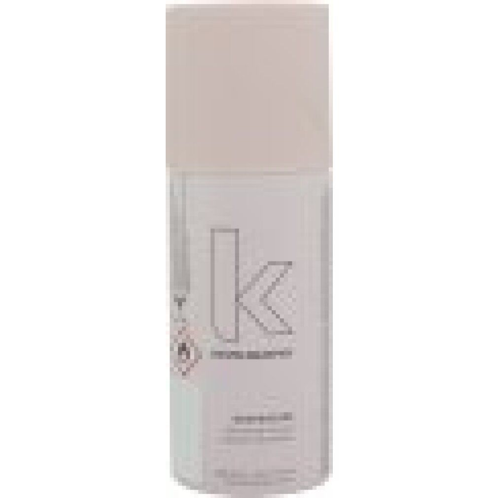 Flacone spray per capelli con tappo bianco e corpo trasparente. Logo 'K' e testo. Simbolo di pericolo.